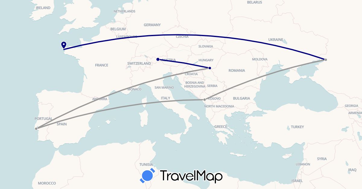 TravelMap itinerary: driving, plane in Austria, France, Hungary, Montenegro, Portugal, Russia (Europe)